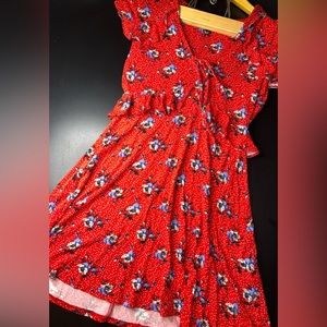 Topshop Red Polka Dot &  Floral VNeck Dress Size 4 EUC